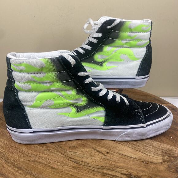 Vans Sk8 Hi Flame Black Mens White Green Flames Fire Size 9.5 High Top Shoes - Picture 5 of 9